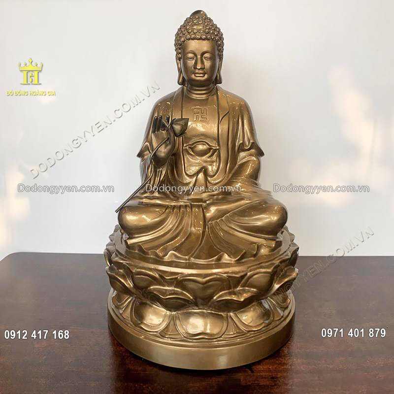 Tượng Phật A Di Đ&agrave; bằng đồng v&agrave;ng m&agrave;u giả cổ